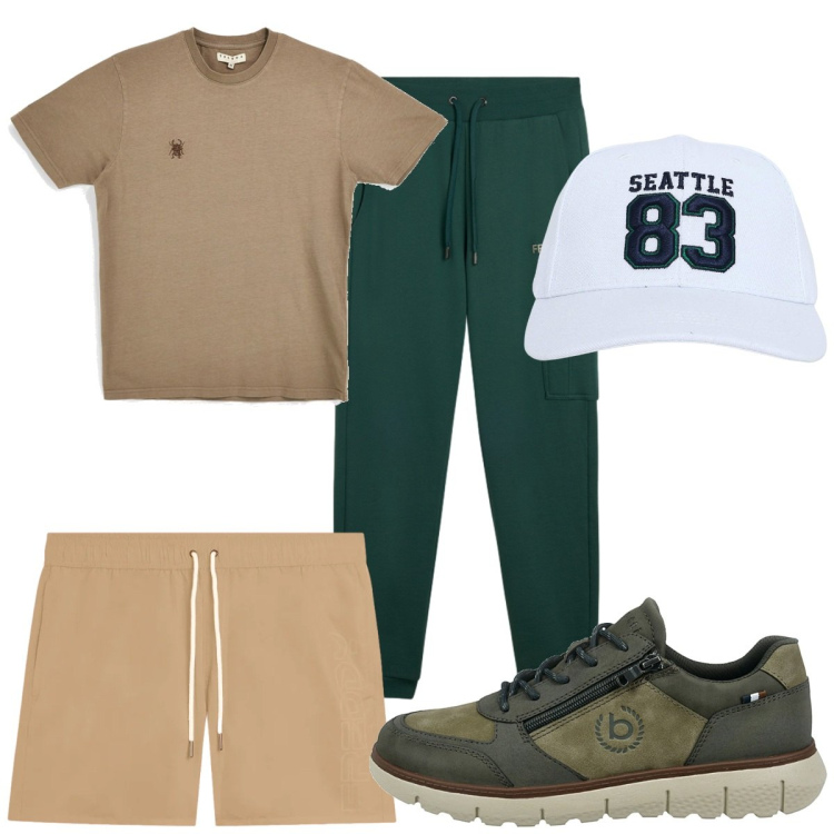 Outfit uomo - Total look #2468481. Stile Trendy per Mare. Abbinamento con cappelli con visiera, pantaloni cargo, costumi, sneakers, t-shirt.