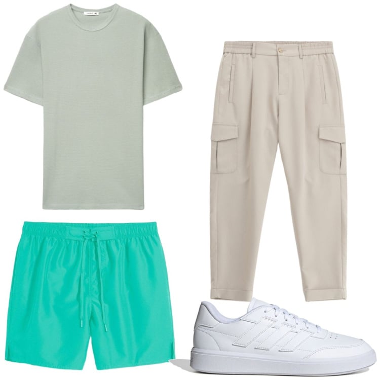 Outfit uomo - Total look #2468482. Stile Casual per Mare. Abbinamento con costumi, pantaloni cargo, t-shirt, sneakers.