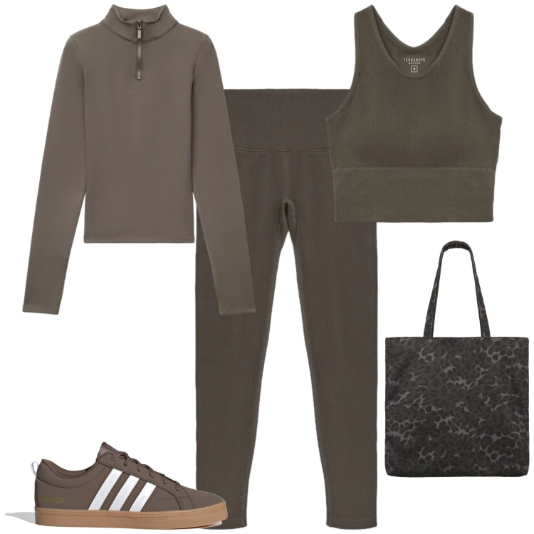 Outfit donna - Sporty chic sempre in forma. Stile Sporty chic per Sport. Abbinamento con shopping bag, top sportivi, leggings sportivo, t-shirt sportive, sneakers.