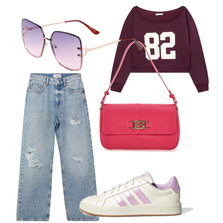 Outfit donna - Passeggiata tra amiche. Stile Urban per Tutti i giorni. Abbinamento con occhiali da sole, felpe, jeans strappati, sneakers, borse a spalla.