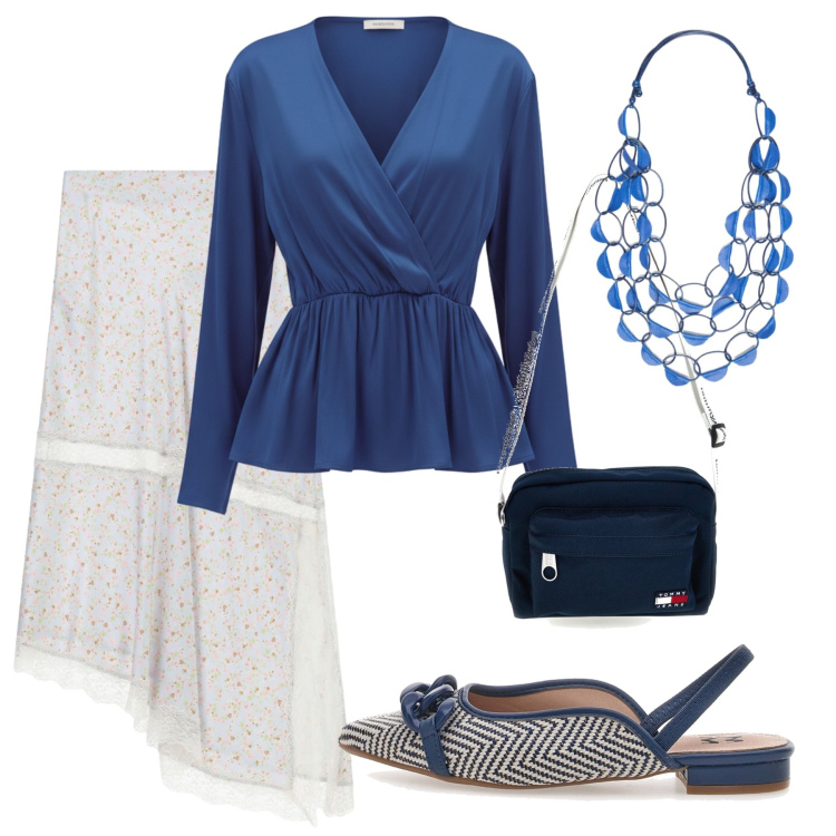 Outfit donna - Total look #2468487. Stile Bon Ton per Serata fuori. Abbinamento con gonne lunghe, bluse, collane, ballerine, borse a tracolla.