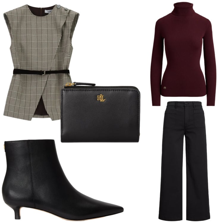 Outfit donna - Il gilet a quadri. Stile Bon Ton per Tutti i giorni. Abbinamento con gilet, stivaletti, pantaloni, pullovers, portafogli.