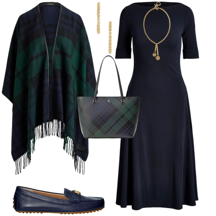 Outfit donna - Chic con il Tartan di Lauren. Stile Chic per Tutti i giorni. Abbinamento con vestiti, borse tote, orecchini, ciondoli, cappe, mocassini.