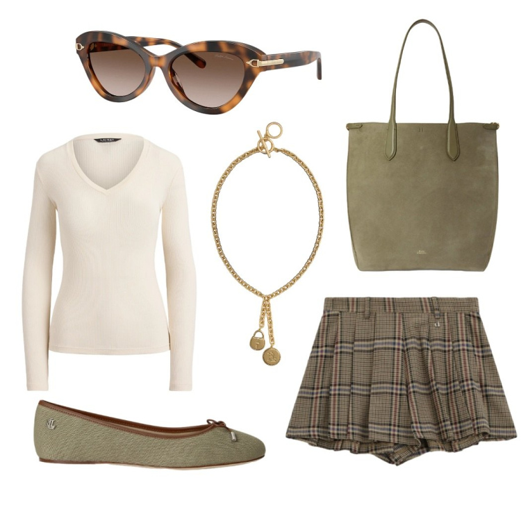 Outfit donna - Total look #2468495. Stile Casual chic per Ufficio. Abbinamento con pantaloni corti, occhiali da sole, ballerine, borse tote, ciondoli, maglieria.