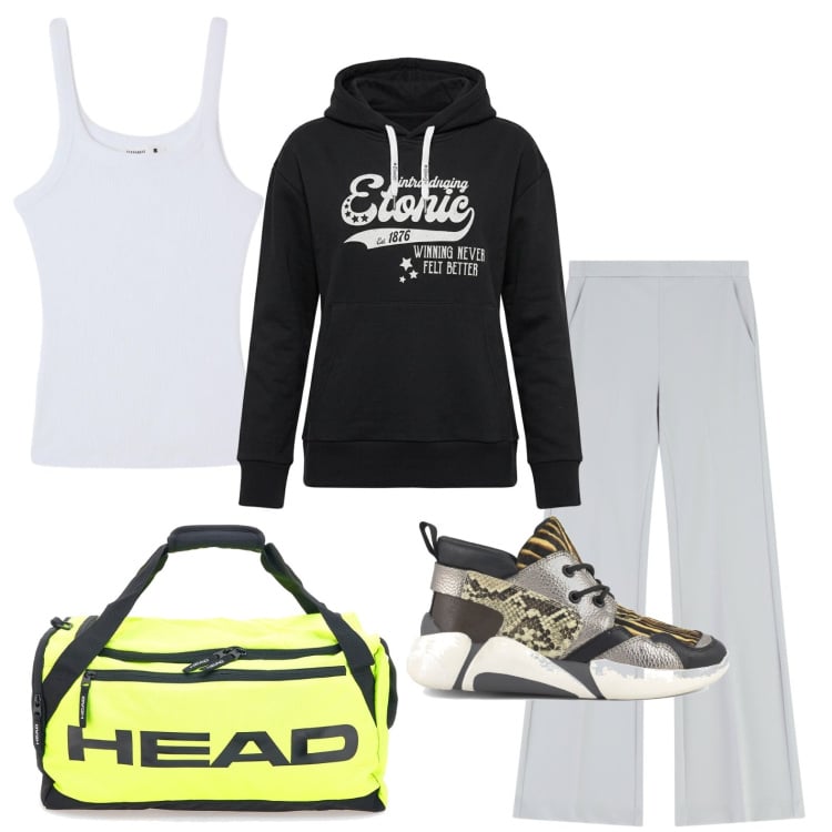 Outfit donna - Allenamento del mercoledì. Stile Casual per Sport. Abbinamento con pantaloni, canottiere, sneakers alte, felpe con cappuccio, borse sportive.