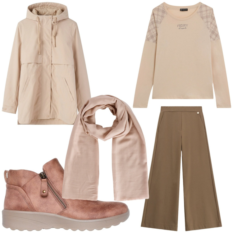 Outfit donna - Pioggia di Settembre. Stile Basic per Tutti i giorni. Abbinamento con pantaloni a palazzo, parka, foulard, t-shirt, stivaletti.
