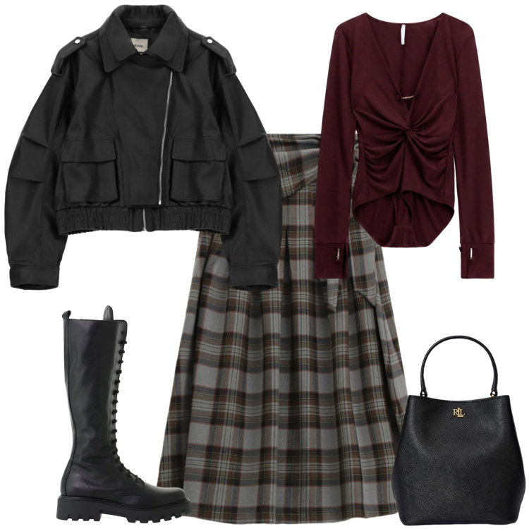 Outfit donna - Casual autunno con Dixie. Stile Casual chic per Tutti i giorni. Abbinamento con body, gonne longuette, giacche, stivali, borse a secchiello.