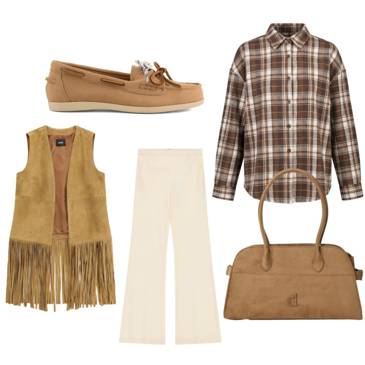 Outfit donna - Total look #2468505. Stile Casual per Tutti i giorni. Abbinamento con pantaloni, borse a spalla, gilet, camicie, mocassini.