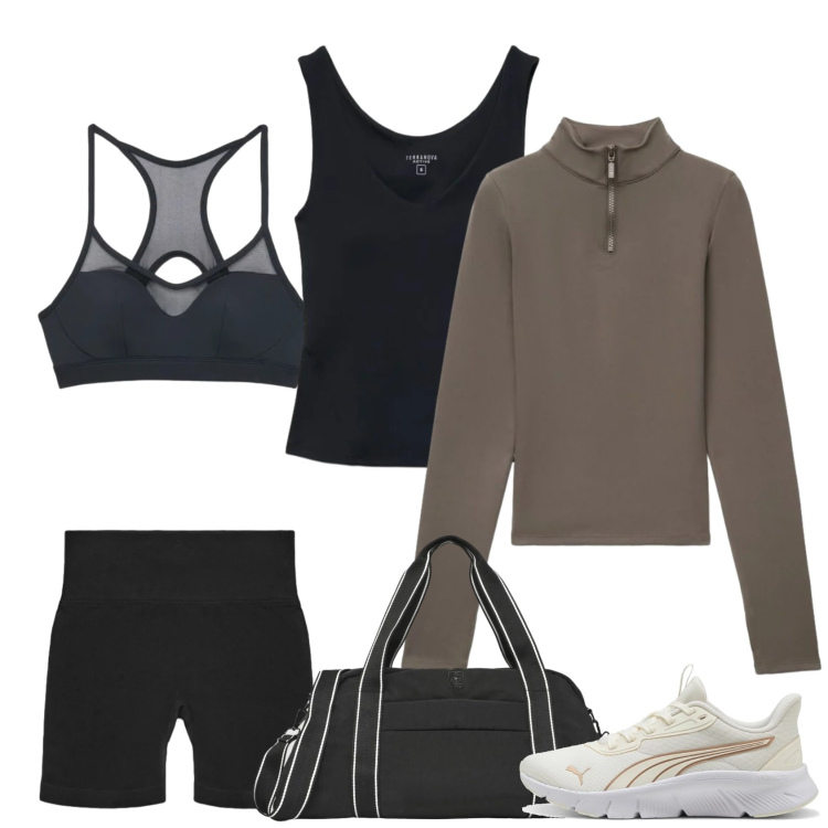 Outfit donna - Yoga. Stile Basic per Sport. Abbinamento con borse sportive, top sportivi, top sportivi, leggings sportivo, t-shirt sportive, sneakers.