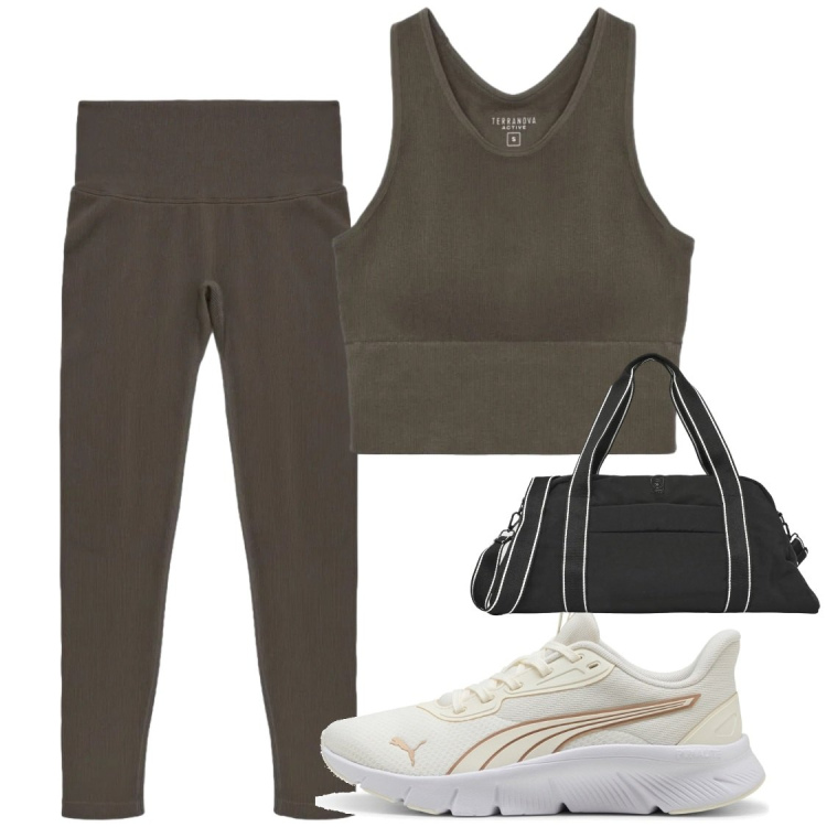 Outfit donna - Tempo di pilates. Stile Sporty chic per Sport. Abbinamento con borse sportive, top sportivi, leggings sportivo, sneakers.