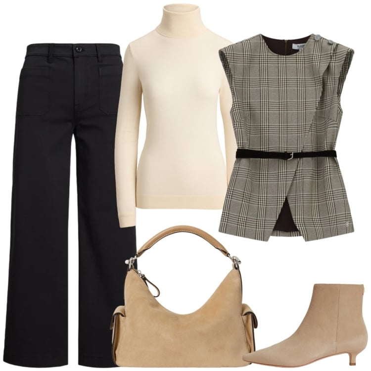 Outfit donna - Tocco scozzese. Stile Casual chic per Ufficio. Abbinamento con gilet, borse a spalla, stivaletti, pantaloni, pullovers.