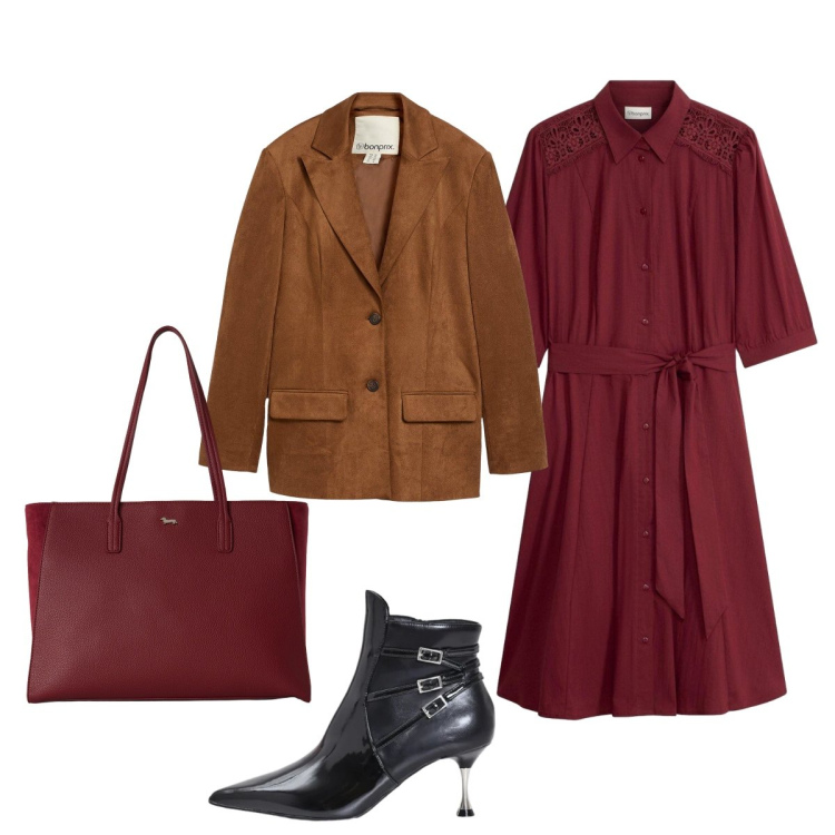 Outfit donna - Outfit elegante e comodo per l’autunno. Stile Bon Ton per Ufficio. Abbinamento con vestiti chemisier, blazer, shopping bag, stivaletti.