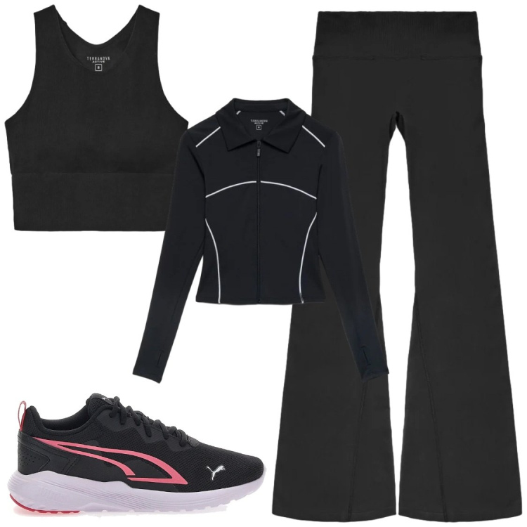 Outfit donna - Sport in black. Stile Sporty chic Abbinamento con leggings sportivo, felpe sportive, top sportivi, sneakers.