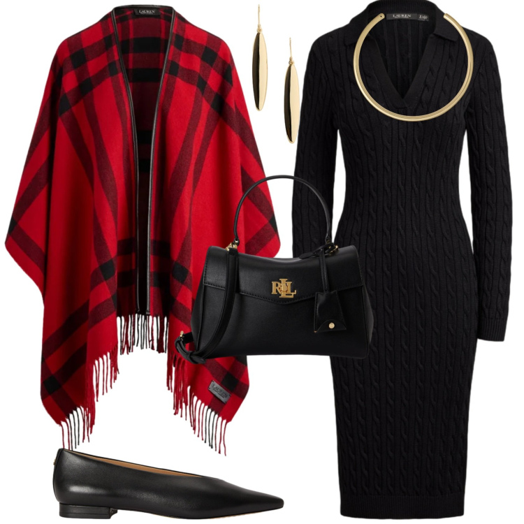 Outfit donna - Chic Ralph Lauren Tartan. Stile Chic per Tutti i giorni. Abbinamento con cappe, borse a mano, orecchini, collane, ballerine, vestiti midi/longuette.
