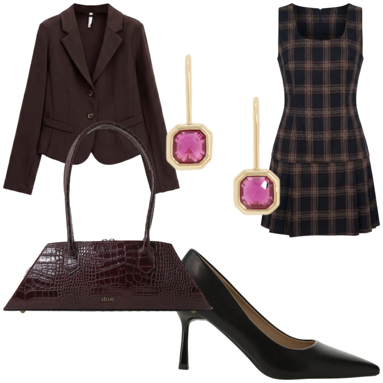 Outfit donna - Quadri: tendenza di stagione. Stile Chic per Serata fuori. Abbinamento con décolleté, blazer, borse a spalla, vestiti corti, orecchini.
