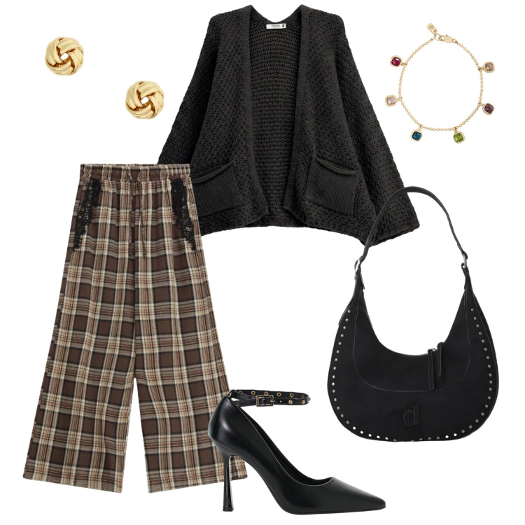 Outfit donna - Total look #2468518. Stile Casual chic per Ufficio. Abbinamento con décolleté, borse a spalla, cardigans, pantaloni a palazzo, orecchini, braccialetti.