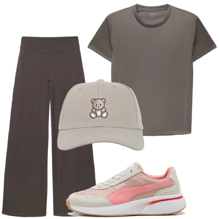 Outfit donna - Lunghe camminate. Stile Sporty chic per Sport. Abbinamento con leggings sportivo, cappelli con visiera, t-shirt sportive, sneakers.