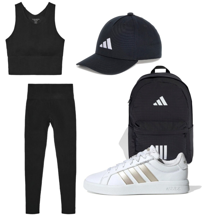 Outfit donna - Si ritorna in palestra. per Sport. Abbinamento con leggings sportivo, top sportivi, sneakers, cappelli con visiera, zaini.