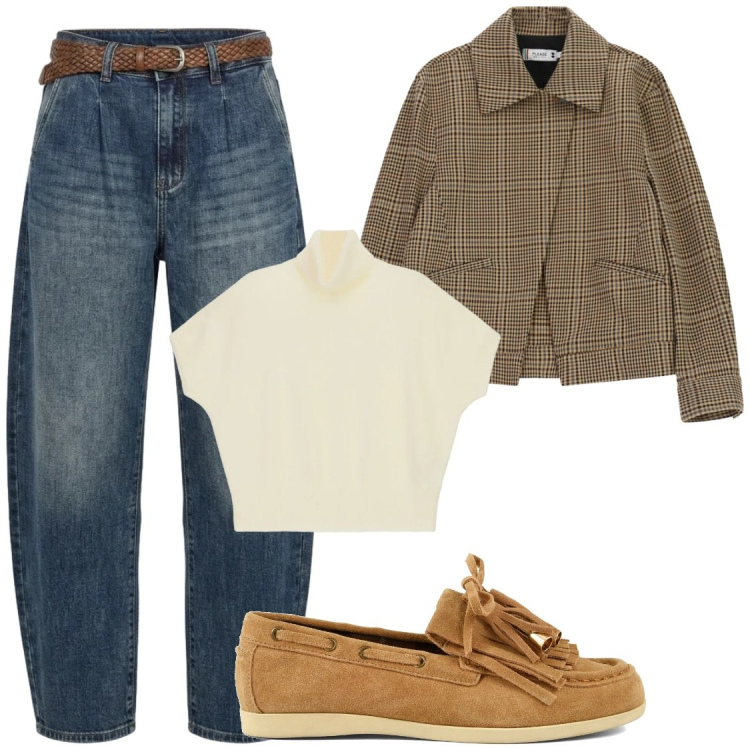 Outfit donna - Giacche a quadri autunno 2026. Stile Chic per Tutti i giorni. Abbinamento con maglieria, cappotti, jeans, mocassini.