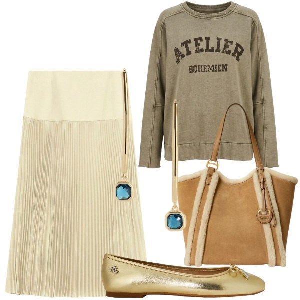 Outfit donna - Settembre. Stile Minimal per Tutti i giorni. Abbinamento con gonne longuette, felpe, borse tote, ballerine, orecchini.