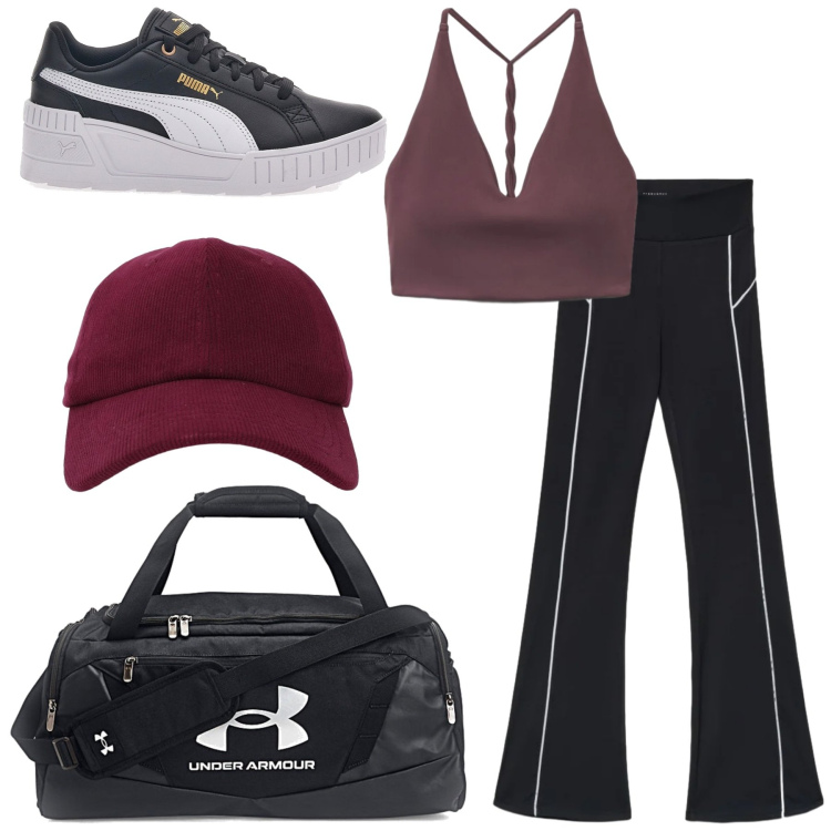 Outfit donna - Total look #2468531. Stile Basic per Sport. Abbinamento con leggings sportivo, cappelli con visiera, top sportivi, sneakers, zaini.