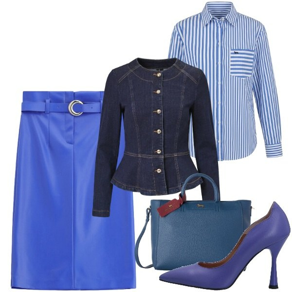 Outfit donna - Back to office blue. Stile Chic per Ufficio. Abbinamento con décolleté, camicie, borse a mano, gonne longuette, blazer.