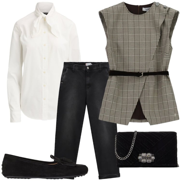Outfit donna - Gilet a quadri. Stile Chic per Ufficio. Abbinamento con gilet, jeans, camicie, borse a tracolla, mocassini.