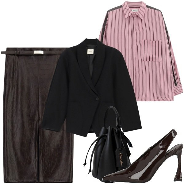 Outfit donna - Back to office black and pink. Stile Bon Ton per Ufficio. Abbinamento con décolleté, gonne longuette, camicie, blazer, borse a secchiello.