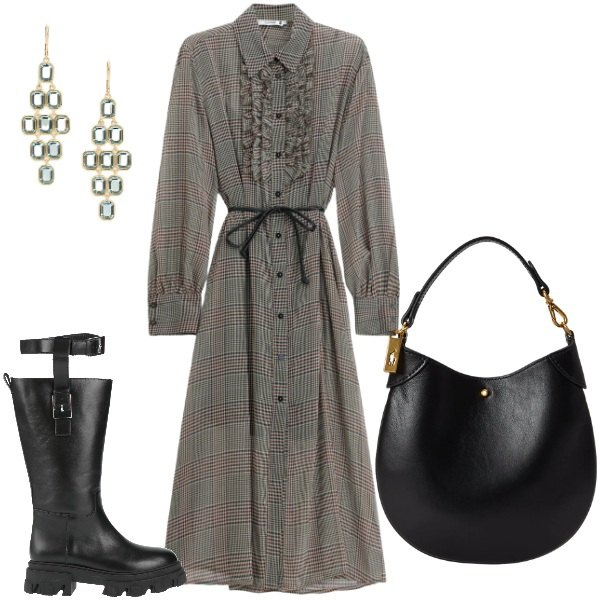 Outfit donna - Nastrino. Stile Trendy per Tutti i giorni. Abbinamento con stivali, vestiti midi/longuette, pochette, orecchini.