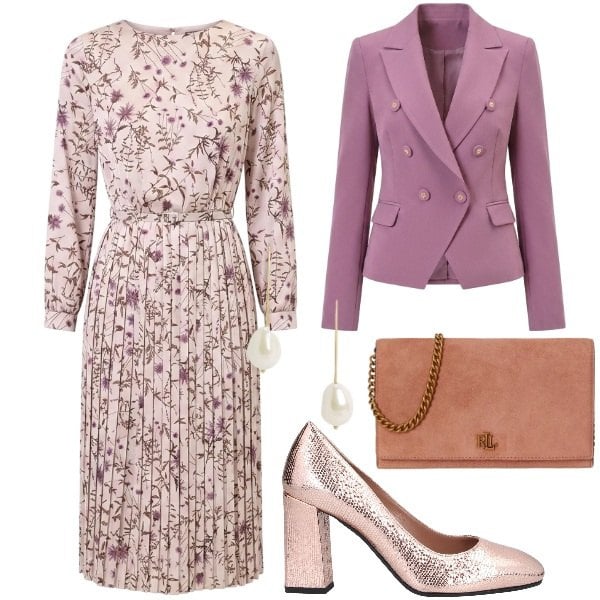 Outfit donna - Romantica. Stile Romantica per Cerimonia. Abbinamento con décolleté, vestiti midi/longuette, blazer, orecchini, borse a tracolla.