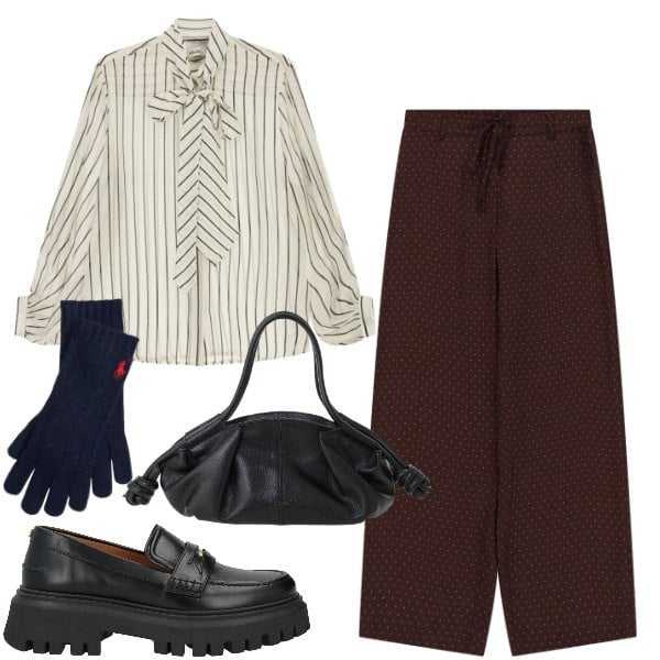 Outfit donna - Mannish. Stile Mannish per Ufficio. Abbinamento con mocassini, pantaloni a palazzo, camicie, borse a mano, guanti.