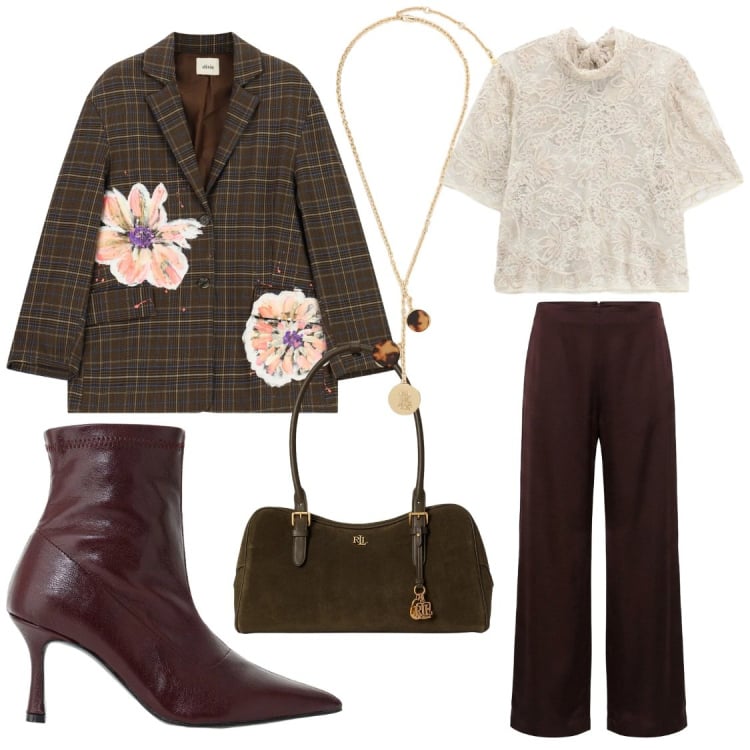 Outfit donna - Tartan e fall colors. Stile Casual chic per Serata fuori. Abbinamento con top, pantaloni a palazzo, stivaletti, blazer, collane, borse a mano.