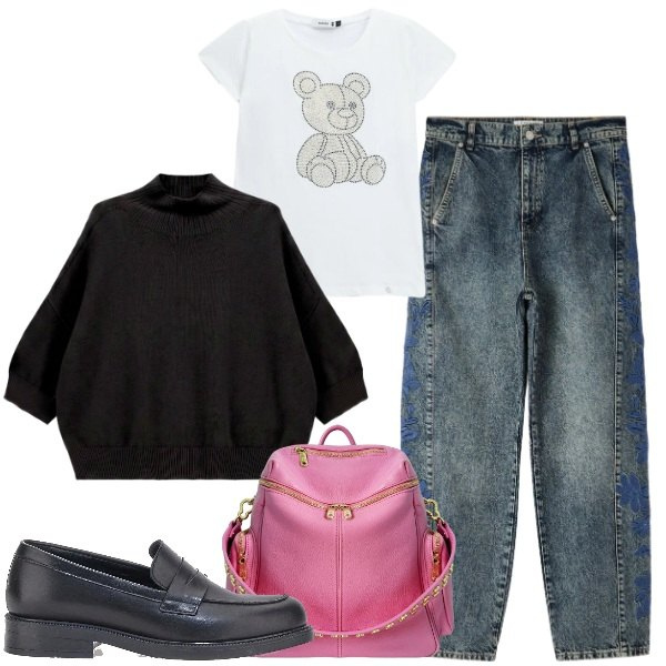 Outfit donna - Settembre tenero. Stile Urban per Scuola/Università. Abbinamento con maglieria, jeans, t-shirt, zaini, mocassini.