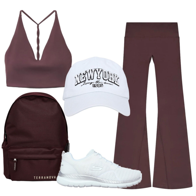 Outfit donna - Ritorno in pista. Stile Trendy per Sport. Abbinamento con cappelli, zaini, top sportivi, leggings sportivo, sneakers.