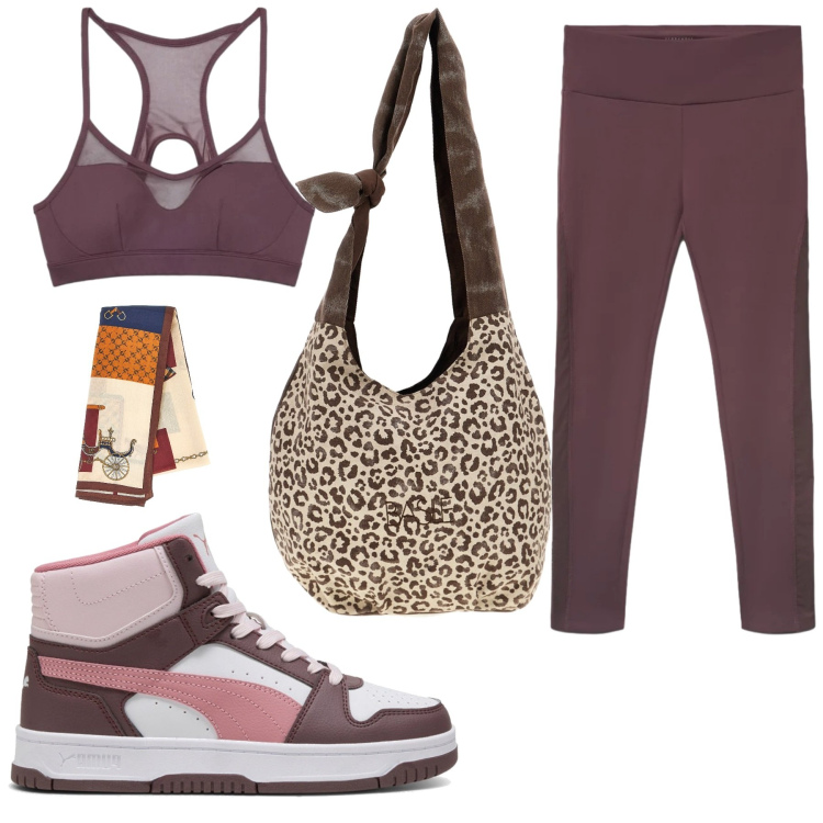 Outfit donna - Total look #2468548. Stile Sporty chic per Sport. Abbinamento con top sportivi, leggings sportivo, foulard, borse a spalla, sneakers.