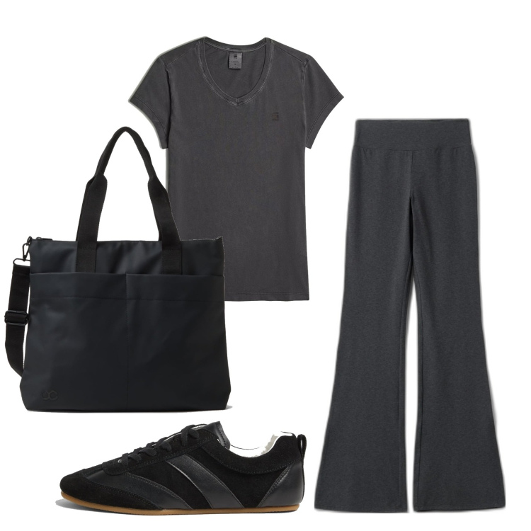 Outfit mujer - Basic look. Estilo Basic para Todos los días. Combinación con top, sneakers, leggings, bolsos de mano.