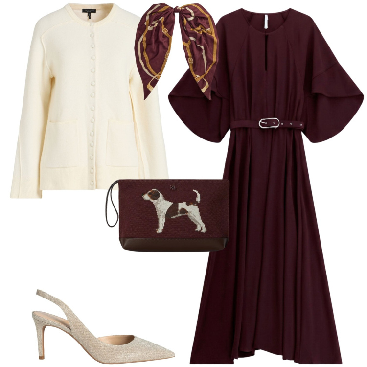Outfit donna - Chic serata evento. Stile Chic per Serata fuori. Abbinamento con décolleté, cardigans, vestiti lunghi, pochette, foulard.
