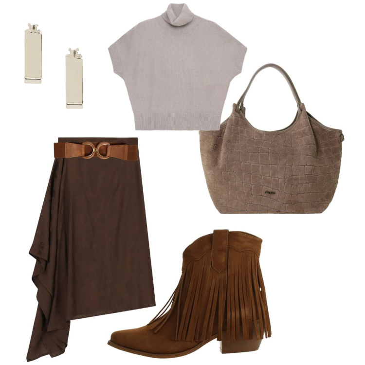 Outfit donna - Shopping autunnale. Stile Vintage retrò Abbinamento con stivaletti texani, pullovers, gonne longuette, borse a spalla, cinture, orecchini.