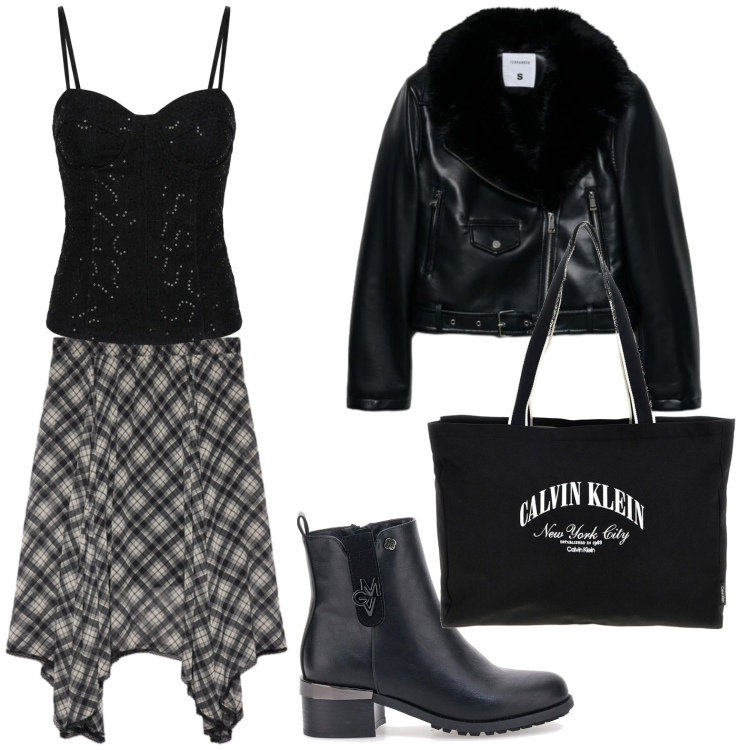 Outfit donna - Dark chic. Stile Glamour per Serata fuori. Abbinamento con blazer, gonne longuette, top, stivaletti, borse a spalla.