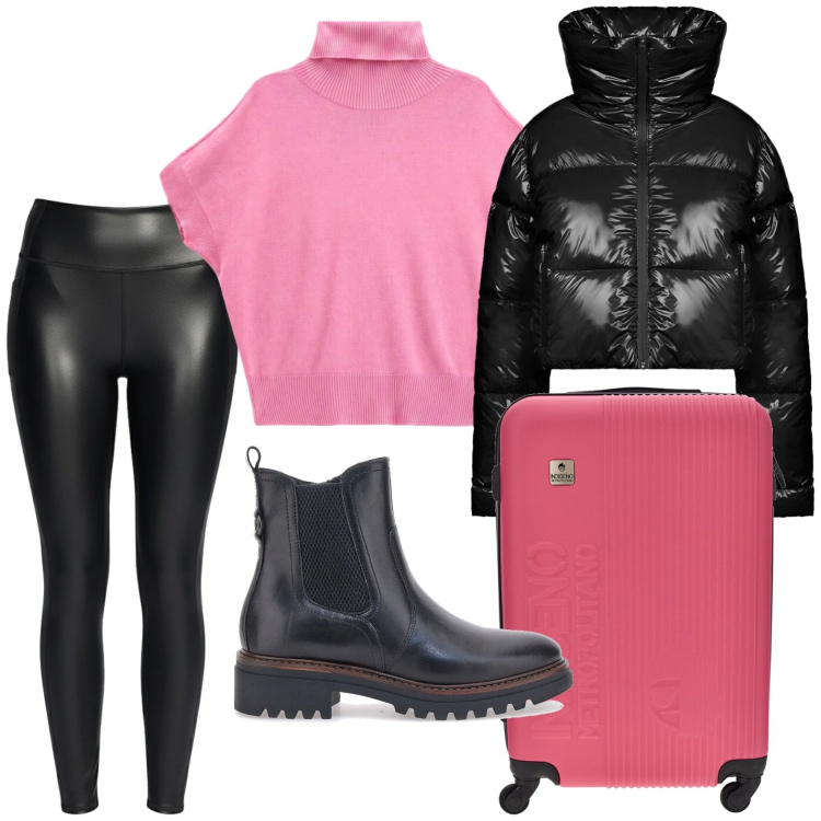 Outfit donna - Weekend mood. Stile Casual per Tutti i giorni. Abbinamento con pullovers, piumini, leggings, stivaletti chelsea, valigie.