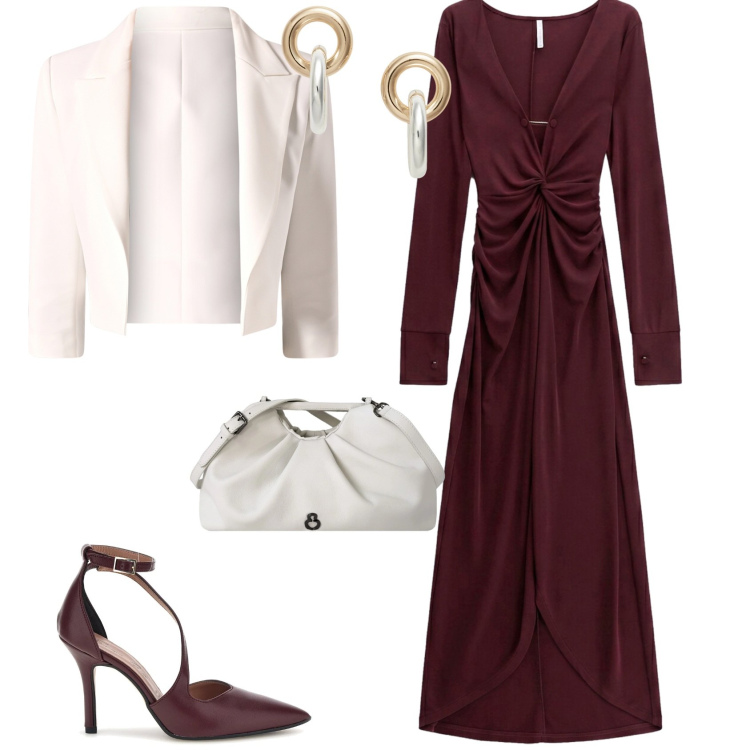 Outfit donna - Chic serata evento. Stile Chic per Serata fuori. Abbinamento con vestiti lunghi, blazer, clutch, orecchini, décolleté.
