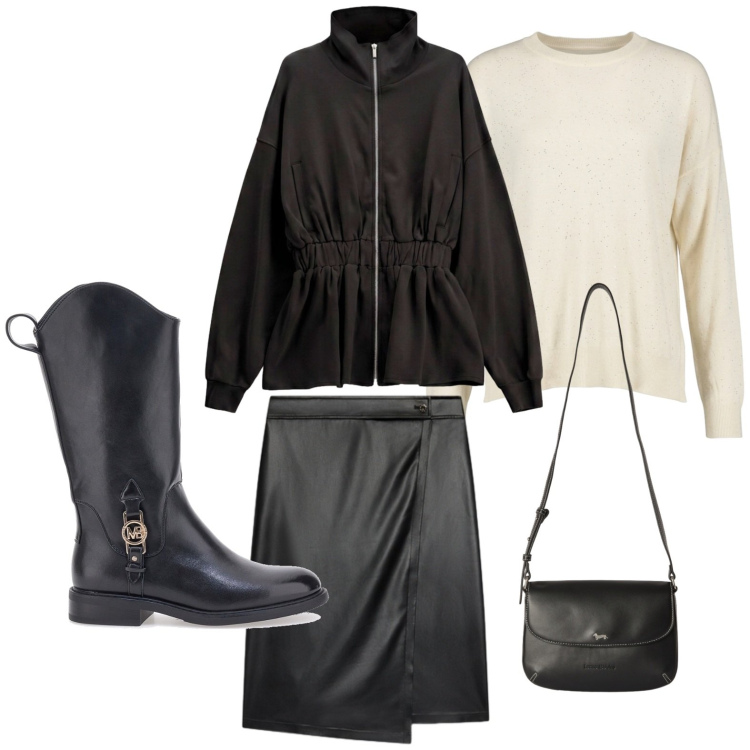 Outfit donna - Gonna portafoglio. Stile Casual per Tutti i giorni. Abbinamento con borse a tracolla, felpe, gonne longuette, maglieria, stivaletti.
