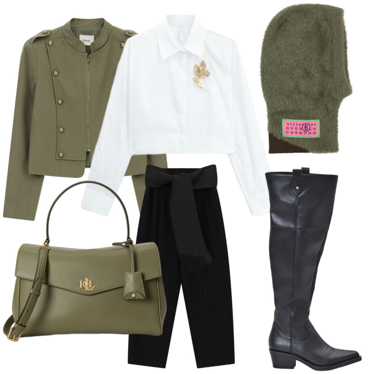 Outfit donna - Blazer military. Stile Casual per Tutti i giorni. Abbinamento con cappelli, camicie, pantaloni a palazzo, blazer, stivali, borse a mano.
