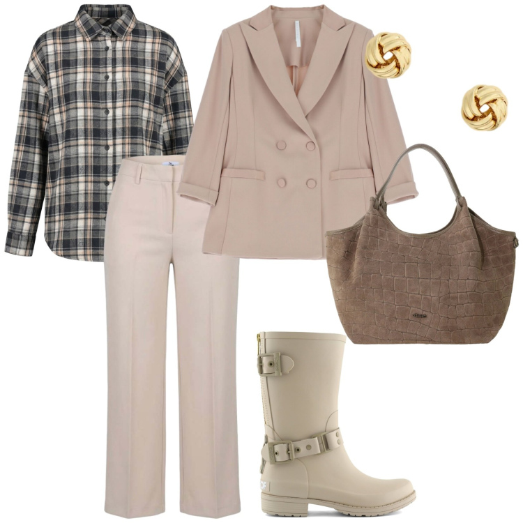 Outfit donna - Ed è subito autunno in Scozia. per Tutti i giorni. Abbinamento con blazer, borse a spalla, pantaloni a palazzo, camicie, orecchini, stivali.