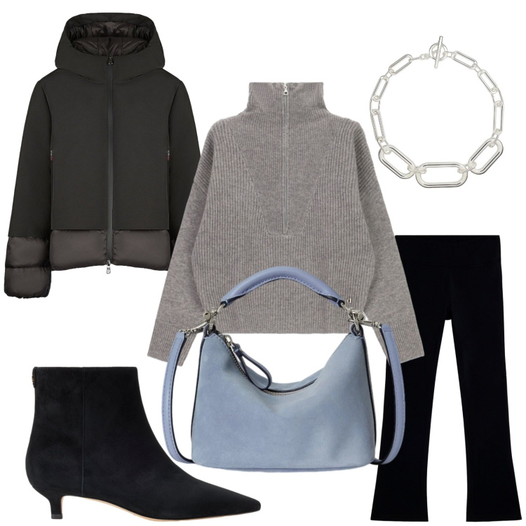 Outfit donna - Cambio armadio. Stile Basic per Tutti i giorni. Abbinamento con maglieria, leggings, blazer, collane, borse a spalla, stivaletti.