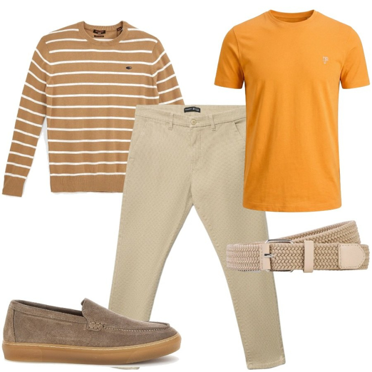 Outfit uomo - Un pullover a righe. Stile Casual per Tutti i giorni. Abbinamento con cinture, t-shirt, pantaloni chino, scarpe stringate, pullovers.