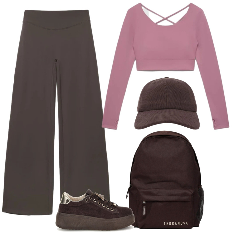 Outfit donna - Marrone e rosa per l\'allenamento. Stile Sporty chic per Sport. Abbinamento con cappelli con visiera, zaini, t-shirt sportive, leggings sportivo, sneakers.