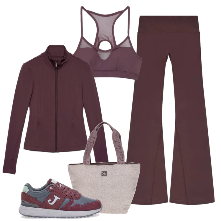 Outfit donna - Bordeaux in palestra. Stile Casual per Sport. Abbinamento con top sportivi, felpe sportive, leggings sportivo, sneakers, shopping bag.