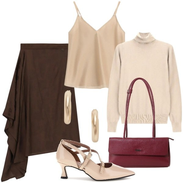 Outfit donna - Settembre panna e cioccolato. Stile Trendy per Ufficio. Abbinamento con top, gonne longuette, borse a spalla, pullovers, orecchini, décolleté.