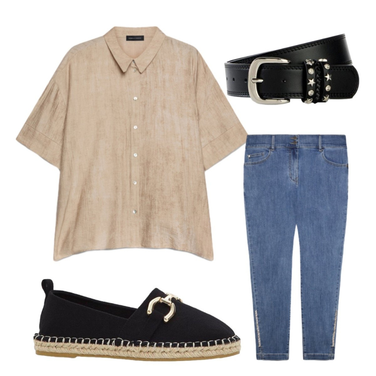 Outfit donna - Classica un giorno di fine estate. Stile Casual per Tutti i giorni. Abbinamento con cinture, espadrillas, camicie a manica corta, jeans skinny.